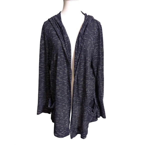 Talbots Sweaters - Talbots Hooded Open Front Cardigan Women's L Navy White Stripe 100% Cotton